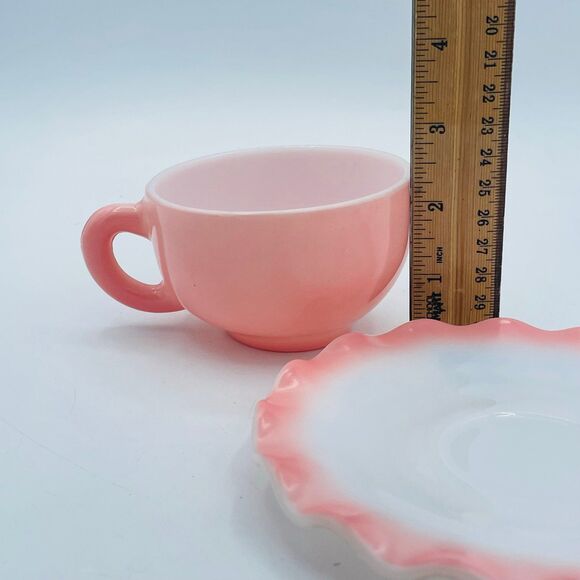 2 Vintage Hazel Atlas Ruffled Saucers Pink Ripple Crinoline Cups Milk Glass - Picture 2 of 12